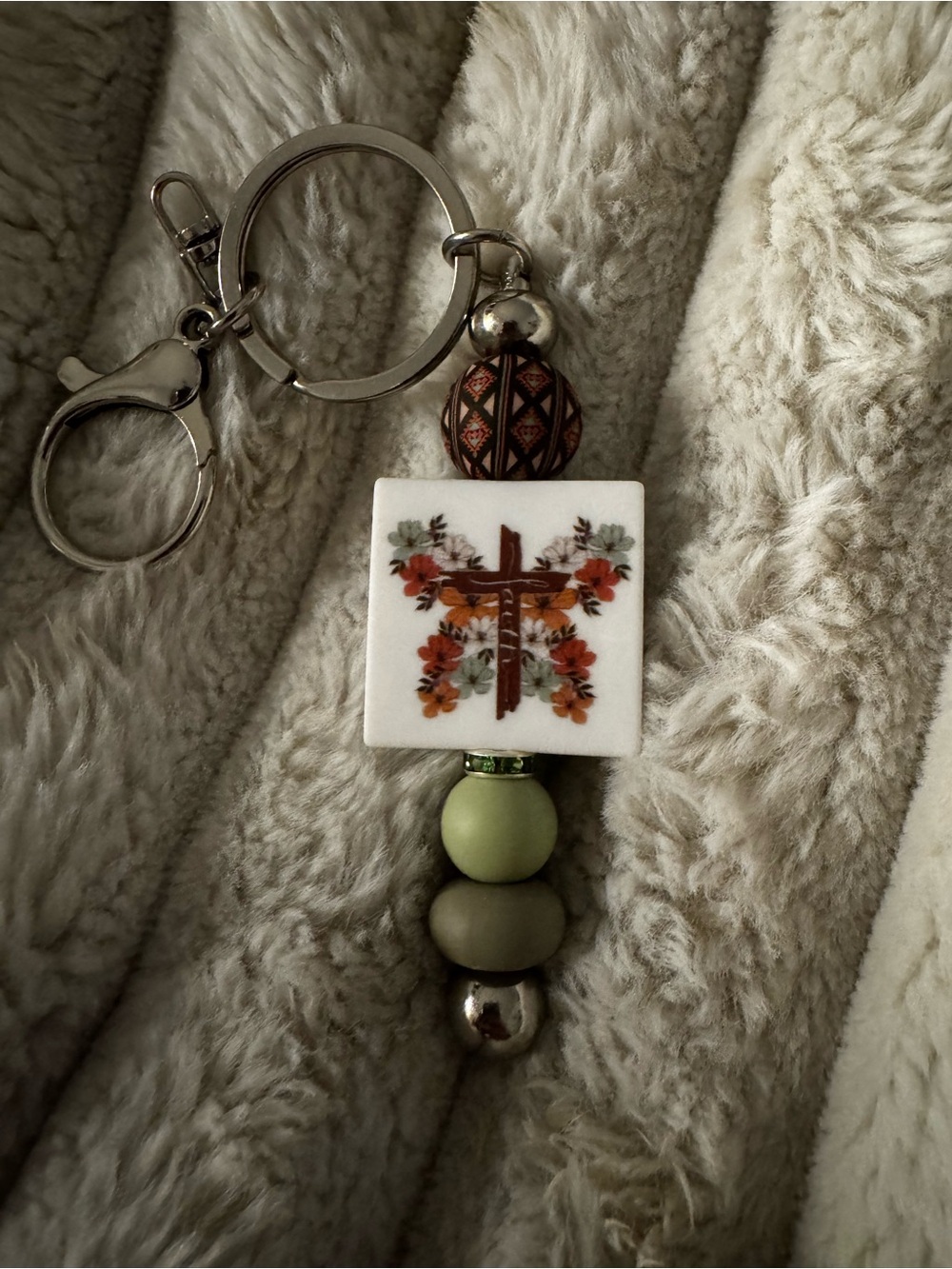 Cross Bead Keychain - Olive and Rust Floral Accent